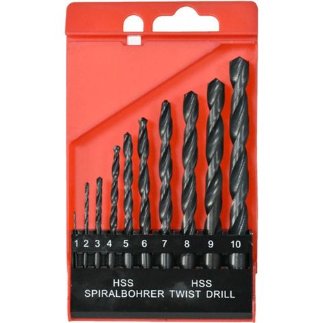 Jeu de 10 forets de 1 à 10 mm, comprenant des forets à spirale pour le bois et un coffret résistant. Outils pour le travail du bois, pour bois dur ou tendre (noir).
