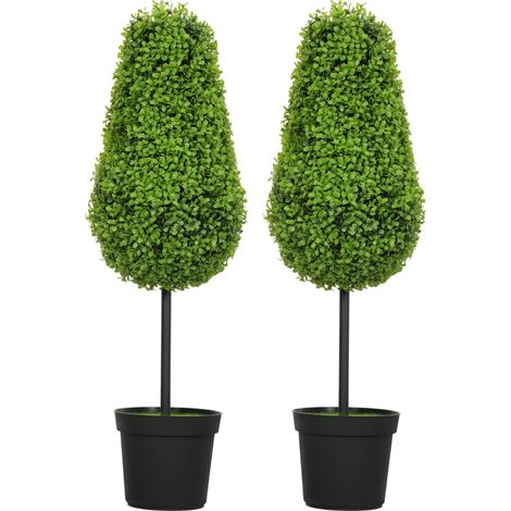 Buis artificiel lot de 2, forme larme 90 cm, plastique en pot