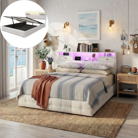Lit Coffre 160x200 cm avec Tête de Lit Rangement, LED RGB Intégrée, Port USB/Type-C, Sommier Hydraulique, Tissu Velours, Design Moderne - Beige