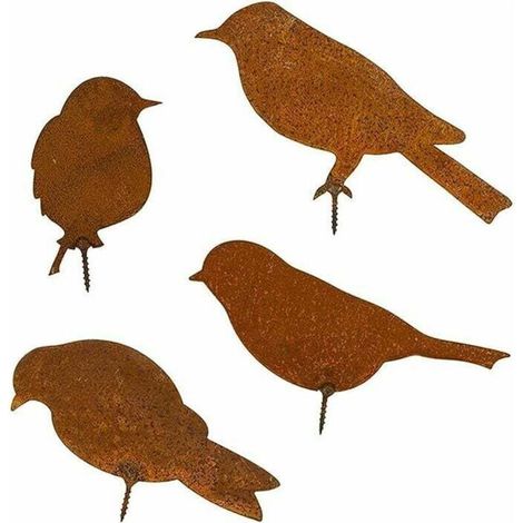 4 silhouettes d'oiseaux en métal rouillé, oiseaux patinés avec vis, décoration d'oiseaux rouillés, pour clôtures de jardin, arbres et branches (décoration rouillée) (1/4)