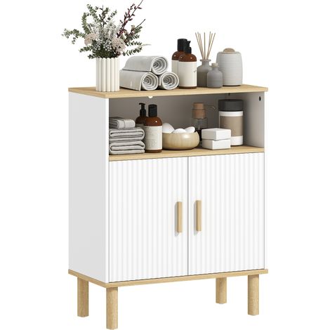 Meuble-lavabo autoportant avec étagères réglables, disponible en blanc et en bois naturel.
