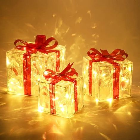 Lot de 3 boîtes cadeaux LED, décorations de Noël avec lumières LED blanc chaud à l'intérieur, boîte de Noël en PVC étanche illuminée pour l'extérieur avec nœud (1/4)