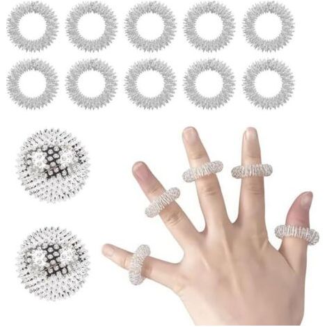 Set mit 10 Akupressurringen + 2 magnetischen Igel-Akupressurbällen, magnetische Massageringe zur Stresslinderung oder Massage von Rücken, Beinen, Füßen und Händen (silber) Marke (1/5)