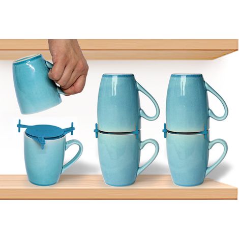 Organisateur de Tasses, Rangement pour Étagères, Armoires de Cuisine et Garde-Manger, Gadget Empilable et Extensible pour Tasses à Thé et à Café, Gagner de l'Espace, Organiser, 6 pcs, Bleu (1/5)