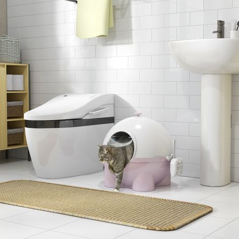 Geschlossene Katzentoilette, max. 4 kg, mit Schaufel, Katzentoilette mit Deckel aus PP und PC, 53 x 51 x 48 cm, Weiß und Rosa