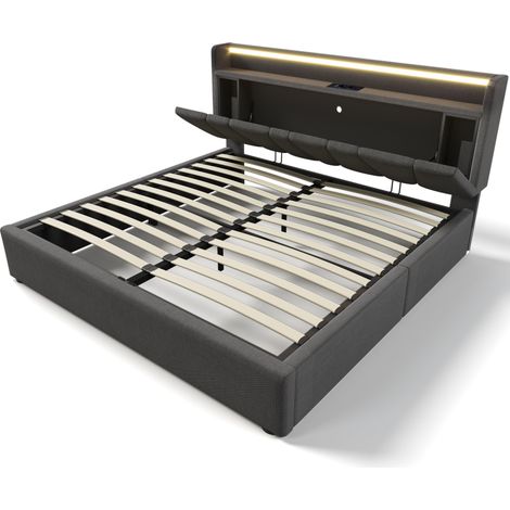 Cama doble capitoné 140 x 200 cm con cabecero de almacenaje, USB, puerto Type-C y LED, gris (1/5)