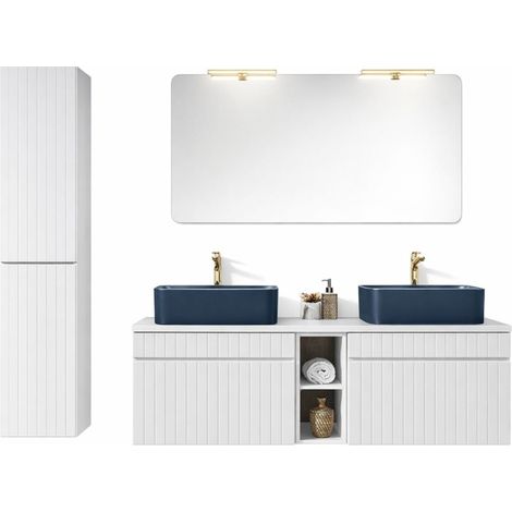 Ensemble ICON blanc : meubles sous vasque 140cm avec niches visibles + deux vasques à poser bleues + miroir + LEDs + colonne (1/5)