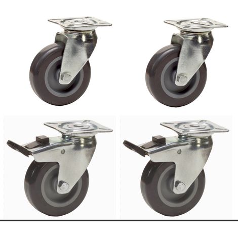 Lot de 4 roulettes pivotantes et pivotantes à frein Caoutchouc Thermoplastique GRIS 50 mm - 120 Kg