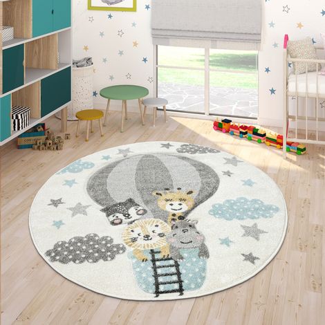 Paco Home Grazioso Tappeto per la Cameretta dei bambini Mongolfiera Nuvole Allegri Animali in Crema Pastello Ø 160 cm tondo