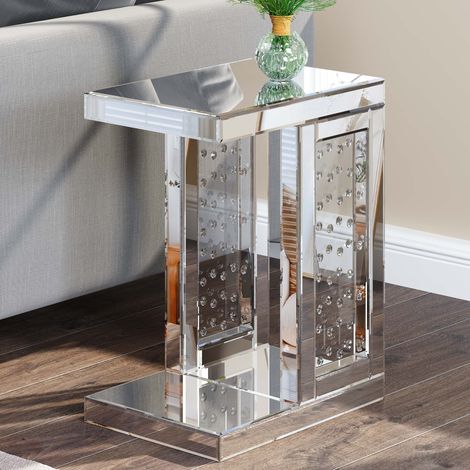 Modern Glam Mirrored C-Shaped Side Table with Crystal Accents - Luxe Accent Furniture for Living Room & Bedroom (1/5)