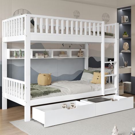 Litera de 90x200 cm, cama infantil con escalera de tres escalones, barandilla de seguridad, estante, 2 cajones, sin colchón, blanco (1/5)