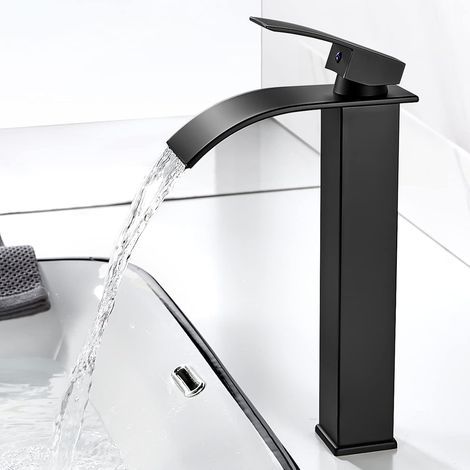 Wasserfall-Waschtischarmatur, moderne schwarze Waschtischarmatur, Auslaufhöhe 232 mm, quadratische Messingarmatur, Warm- und Kaltwasseranschluss, 3/8"-Anschluss (1/5)