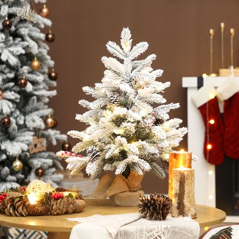 Mini sapin 60 cm verte de Noël artificiel avec 35 lumières LED 182 branches denses avec décorations de neige et base en toile de jute