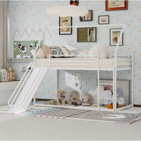 Letto a castello bambini 90x190 cm con scivolo, forma a casetta e scala, senza materasso, bianco (1/5)