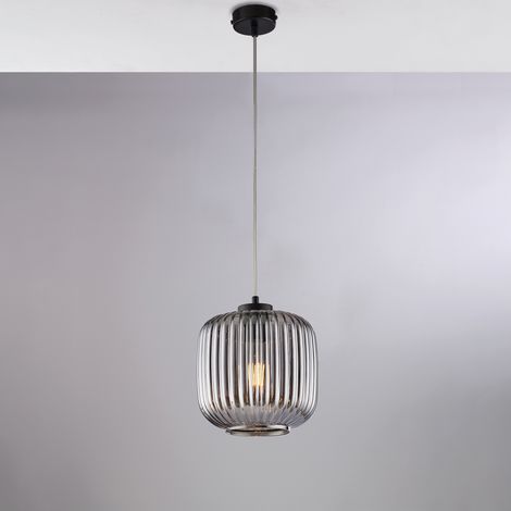 Sospensione in ferro laccato nero con cavo elettrico regolabile e diffusore in vetro soffiato grigio specchiato con decoro rigatura in rilievo 1 luce H.25 - MAX 125 - Ø20