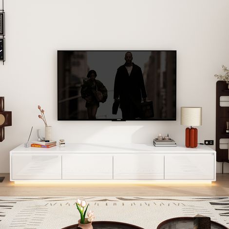 Fufu&Gaga – Meuble TV bas 180 cm avec 4 tiroirs – 3 couleurs de bandes lumineuses LED – MDF blanc moderne – Dimensions 180 x 30 x 40 cm (1/5)