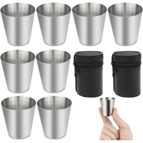 Verre à Shoot en Acier Inoxydable,8 Pcs 30ml en Acier Inoxyadable Gobelet à Shoot,Tasses Gobelet en Acier ,2 Pochette en Cuir (1/4)