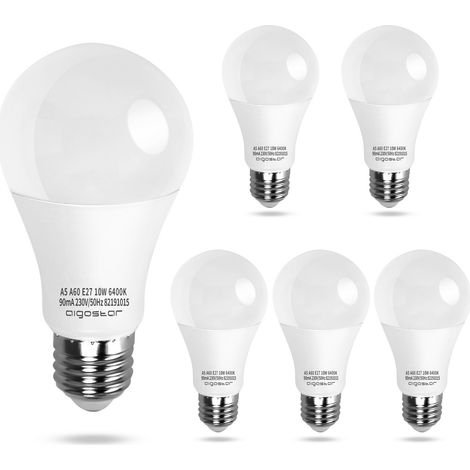 Pack de 5 Bombillas LED A5 A60 gran angulo, 10W, casquillo gordo E27, luz blanca 6400K (1/5)