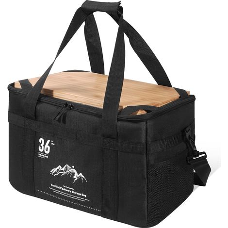 Sac de rangement tactique noir 36 L pour camping, fourre-tout utilitaire avec planche à découper en bambou, organisateur pliable pour cuisine, pique-nique, voyage et extérieur (1/5)