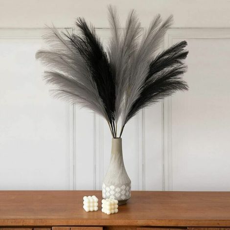 Grande Herbe de Pampa Gris Faux 5 Tiges Extra Moelleux Faux 70cm Bouquet de Fleurs Plume Salon Home Decor Boho Home Decor Grand Vase Table Fleur Mariage, Gris (1/4)