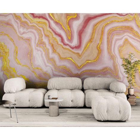 Papier peint Abstrait – Marbre liquide rose et veines dorées - 150 x 250 cm (1/2)