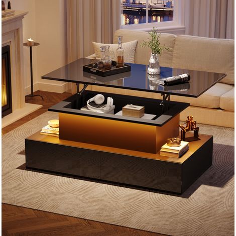 Tavolino da caffè 90x55x41 cm nero in pannelli truciolari con LED, 4 cassetti e piano estraibile (1/5)