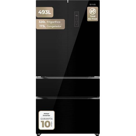 Frigorífico Francés EVVO F81 Glass Black, Total No Frost, Motor Inverter, 493L, Diseño Cristal Negro, Clase E