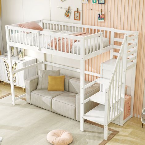 Lit mezzanine enfant 90x200 cm en bois blanc avec escalier, étagère de rangement et armoire intégrée – lit haut pour chambre petite (1/4)