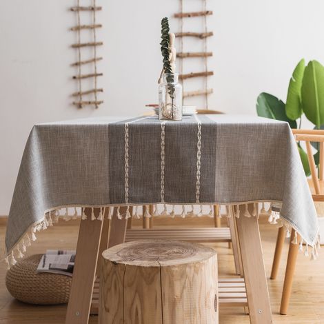 (140 x 180 cm, gris clair) Nappe en lin et coton résistant, anti-poussière avec pompons, idéale pour la cuisine. (1/5)