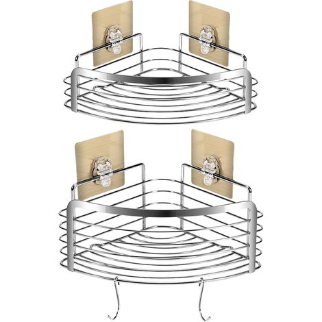 Etagere D Angle Salle De Bain - Acier Inoxydable - Double Rangement - Fixation Adhesive Et Crochets Amovibles - 1 Piece (1/5)