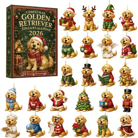 Adventskalender 2026 mit Golden Retriever – 24 flache Acryl-Anhänger mit Hundemotiv – Weihnachtsbaumschmuck und festliches Geschenk für Tierliebhaber (1/5)