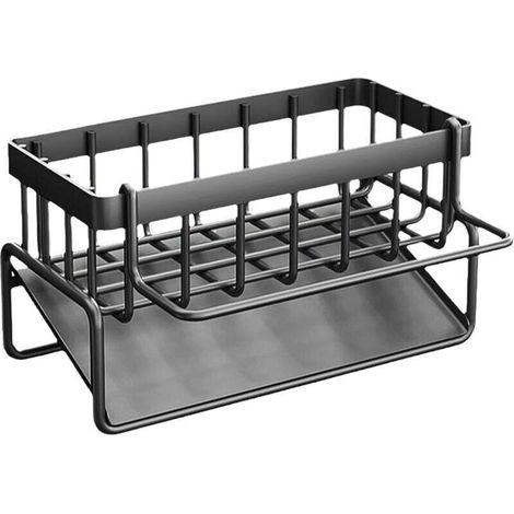 Organisateur d'Évier en Acier au Carbone avec Bac d'Écoulement Automatique Porte-Éponge et Serviettes Accessoire Salle de Bain Gris (1/4)