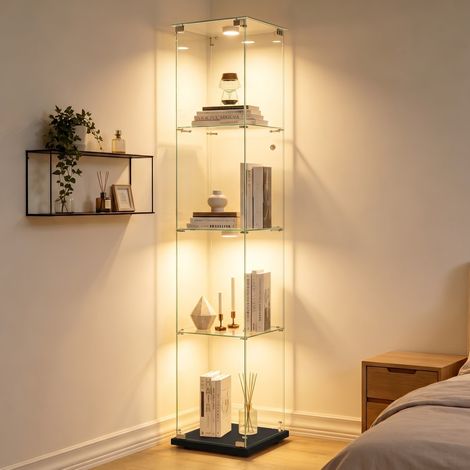 Vitrina de una o dos puertas con iluminación LED, cristal templado blanco, diseño moderno, almacenamiento transparente, color negro. (1/5)