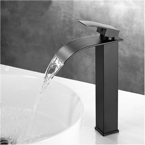 BARKBUSTERS Robinet Salle de Bain Cascade, Moderne Robinet Lavabo Noir Haut Cascade, Mitigeur Lavabo avec Bec Hauteur 232 mm, Robinetterie Carré en Laiton Eau Chaude et Froide Disponible G 3/8 (1/4)