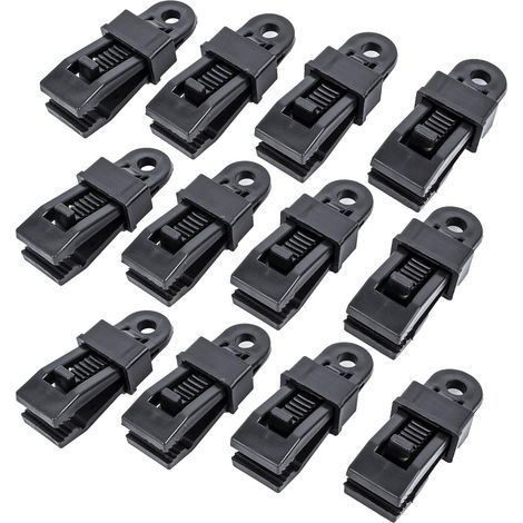 Set de 12 clips de tapis d'auvent en plastique - Verrouillables à l'aide d'une denture Pinces plastique PP noir, 80 x 25 mm - avec œillet pour piquet de tente - pour caravane et camping-car (1/5)