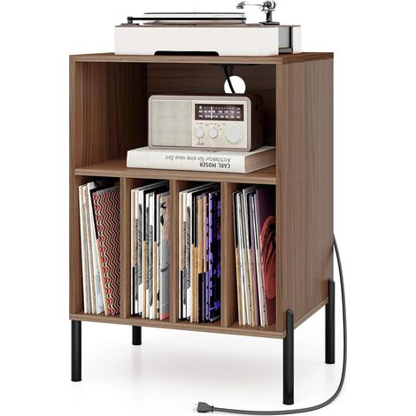 Costway – Meuble tourne-disque vinyle avec station de charge – 2 prises, 2 ports USB, 1 port Type-C – Capacité 150 disques – Design en noyer (1/5)
