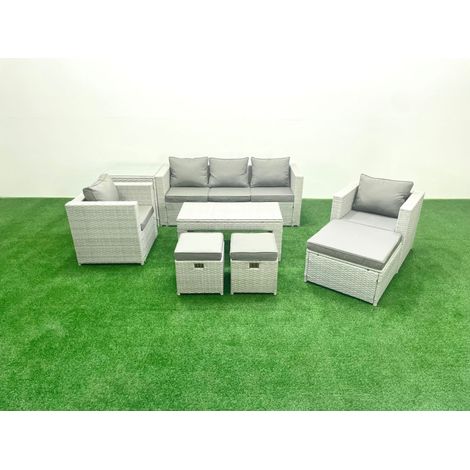 Fimous Salon de jardin 8 places Canapé de jardin Table basse oblongue avec 2 Chaises 3 Tabourets Table d'appoint Gris clair mixte (1/5)