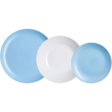 Service de table en verre opale - 18 pièces - Bleu et blanc - Résistant chocs et micro-ondes - Pour 6 convives - Assiettes 25, 20 et 19 cm (1/4)