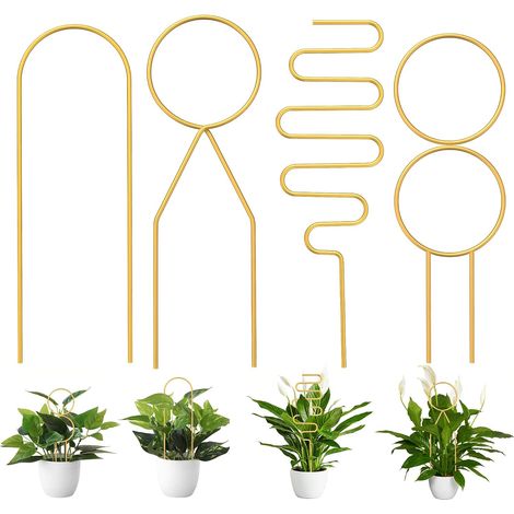 Juego de 4 soportes para plantas, estacas para plantas, enrejado de metal para plantas en maceta, soportes para plantas, soportes para tallos, estante para plantas, dorado (1/5)