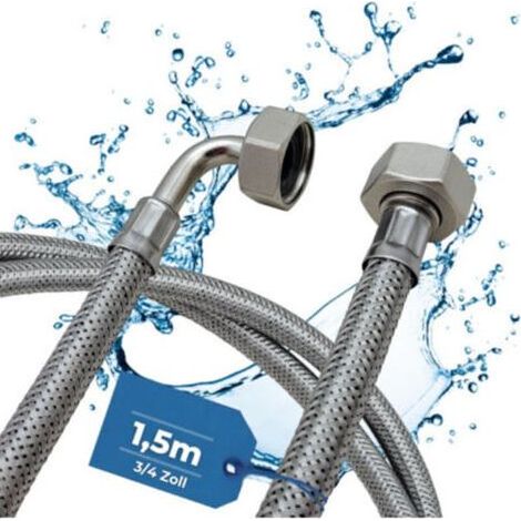 Manguera de entrada de agua de acero inoxidable resistente a la torsión  1,5 m  Conexión de 3/4" para lavadoras y lavavajillas  Manguera angular/recta protegida con junta  Universal (1/4)