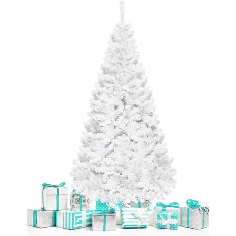 GOPLUS Sapin de Noel Artificiel avec Socle en Fer, Branches Touffues, Feuilles en PVC, Decoration de Noel, Ideal pour Suspendre Guirlande de Lumieres et Etoile, 4 Tailles au Choix, Blanc (150)