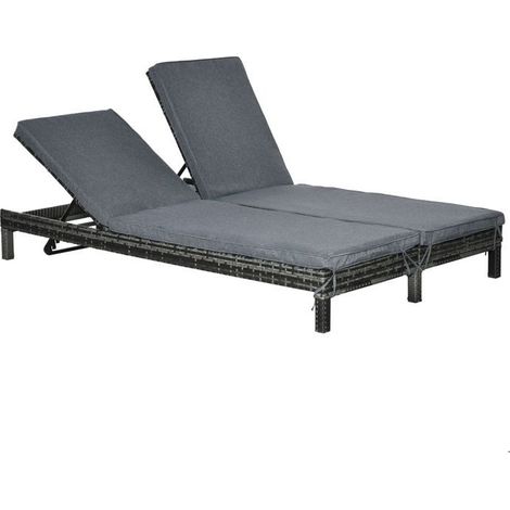Bain de soleil double - SOGEU - 196 x 120 x 28 cm - Dossier 5 positions - Coussin confortable - Structure métal & rotin PE (1/5)