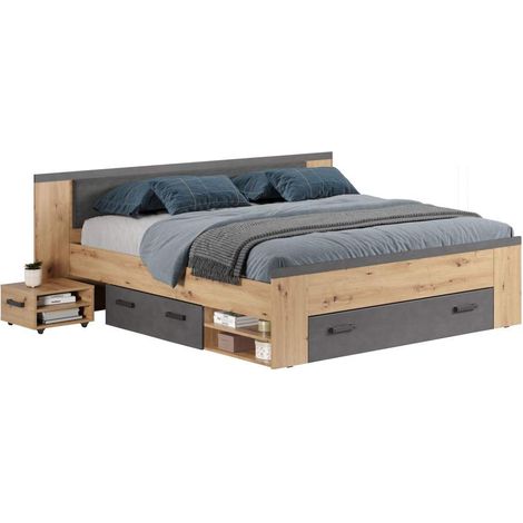 Follow lit 180x200cm avec table de nuit, tiroirs, étagères des deux côtés chêne décor, gris. (1/4)