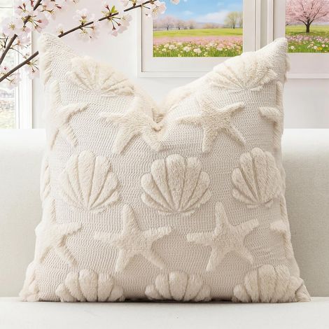 Lot de 1 Doux Peluche Laine Courte Velours Décoratif Housses de Coussin pour Printemps Été Luxe Style pour Canapé Chambre - Coquille D'étoile de Mer Crème Beige, 45 x 45 cm (1/4)