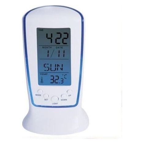 Alarm clock with thermometer and temperature display, digital LED electronics, blue backlight (1/4)