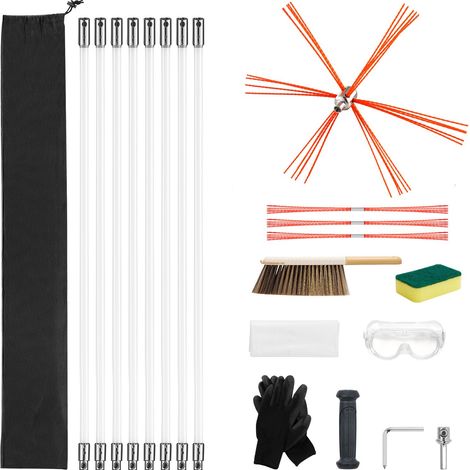 Kit de ramonage, brosse de cheminée extensible jusqu'à 8 m avec poils de rechange et lunettes, nettoyage flexible à 90° (1/5)