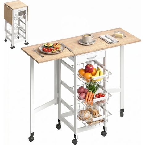 Pour fruits, aliments et épices, chariot de cuisine à roulettes avec rabats latéraux, MDF et métal (1/5)