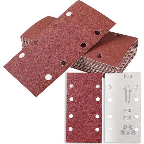 Lot de 30 feuilles de papier de verre pour ponceuse électrique Grain 80 93 x 185 mm Patins de ponçage Velcro carrés auto-agrippants 8 trous pour ponceuse (1/4)
