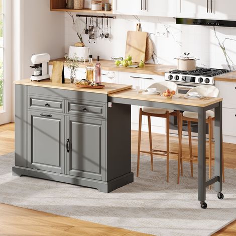 Îlot de cuisine sur roulettes, îlot de cuisine extensible avec coin repas, poubelle et tiroirs, îlot de cuisine mobile et autoportant, idéal pour la cuisine et la salle à manger (gris) (1/4)