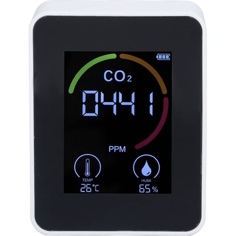 Détecteur de CO2, moniteur de qualité d'air intérieur avec humidité et température, capteur de dioxyde de carbone, modèle blanc trois-en-un, batterie intégrée, certifié CE, RoHS et PSE. (1/5)